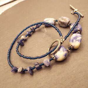 LAPIS CALCITE STONE CHUNKS W/ GLASS SEED BEAD AND STERLING NECKLACE 14